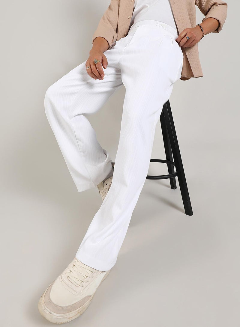 Campus Sutra Men's Chalk White Tailored Linen-Blend Trousers For Casual Wear | Tailored-Fit | Mid-Rise | Button Closure | Trousers Crafted With Comfort Fit For Everyday Wear - Image 1
